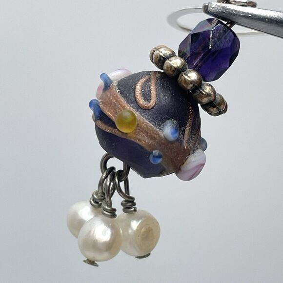 925 Sterling Silver Vintage Murano Wedding Cake Glass Beaded Pearl Earrings - Picture 3 of 6